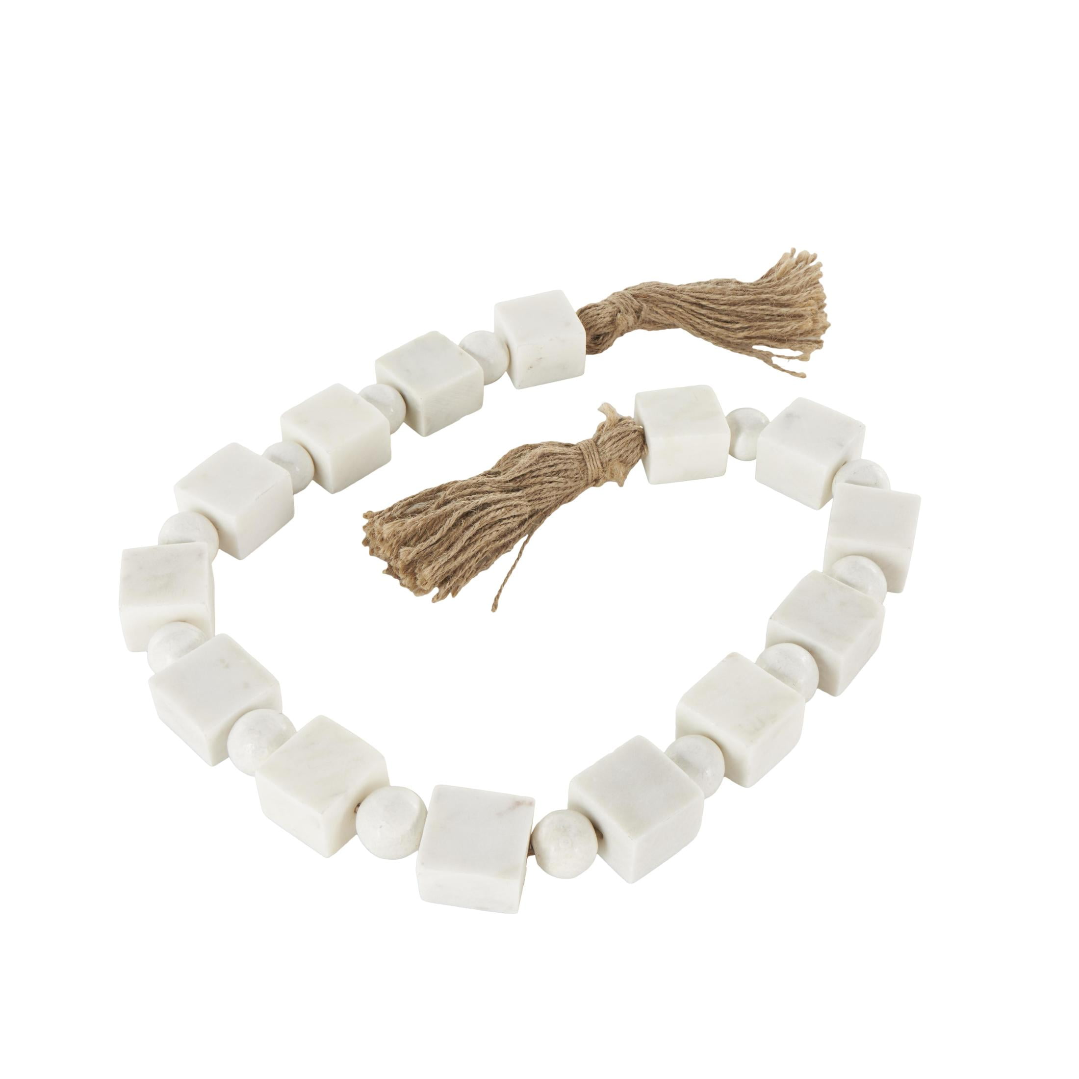 DecMode Handmade Square White Marble Garland with Tassel with Knotted Brown Jute
