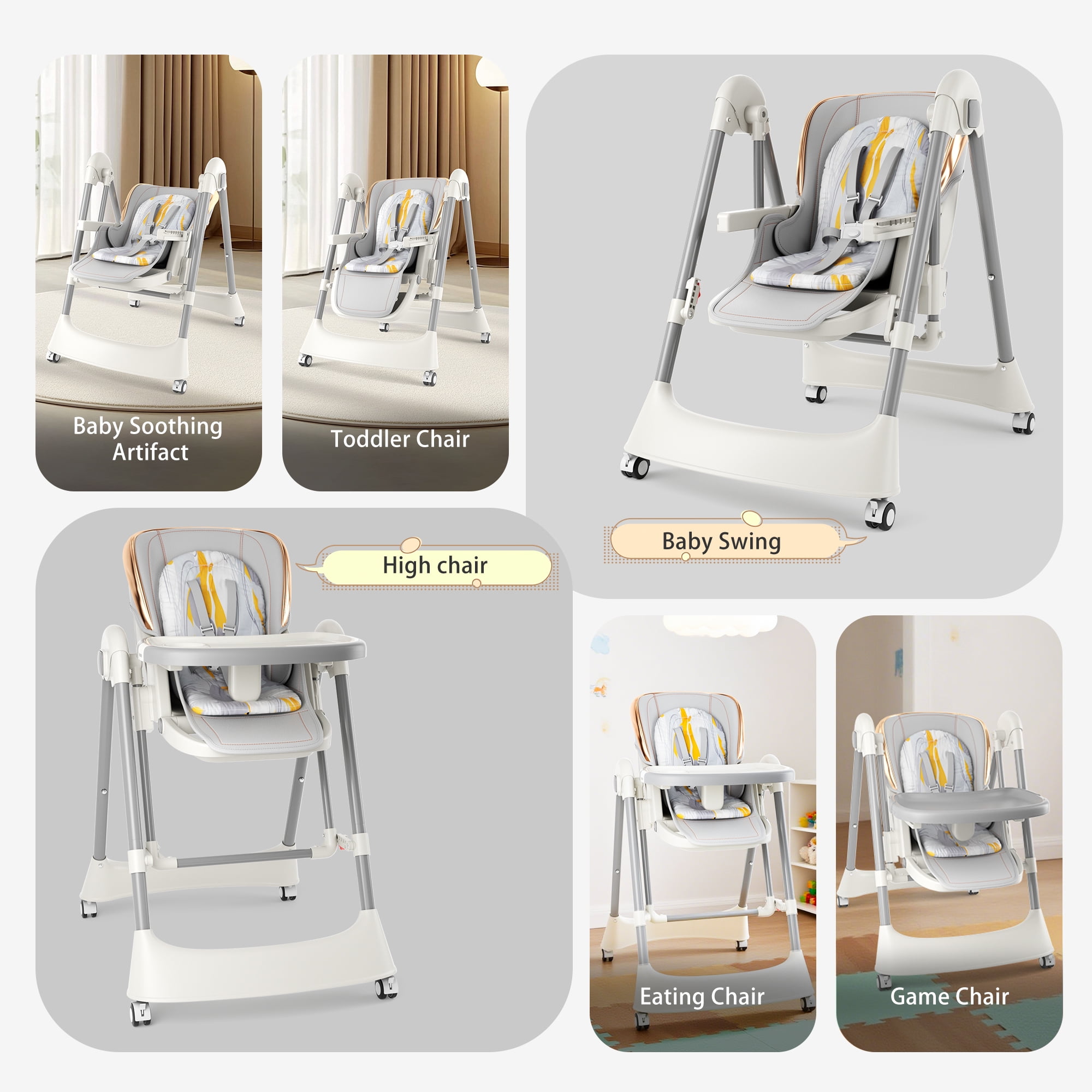 TouHeart Baby High Chair and Swing Combo, 6-in-1 Convertible Highchair for Infants and Toddlers, Gray