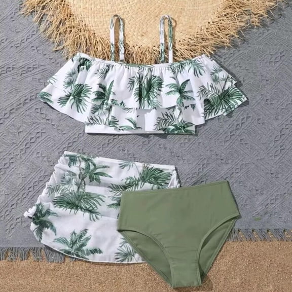 Amidoa Girls Swimsuit Skirted Bathing Suit 3 Piece Summer Swimwear,Green,140