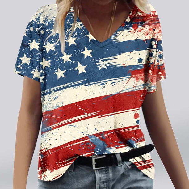 Fiudx Ofertas Flash Del Día Solo En Línea Camiseta de Manga Corta con Cuello En V Estampada para El Día de La Independencia Informal a La Moda para Mujer