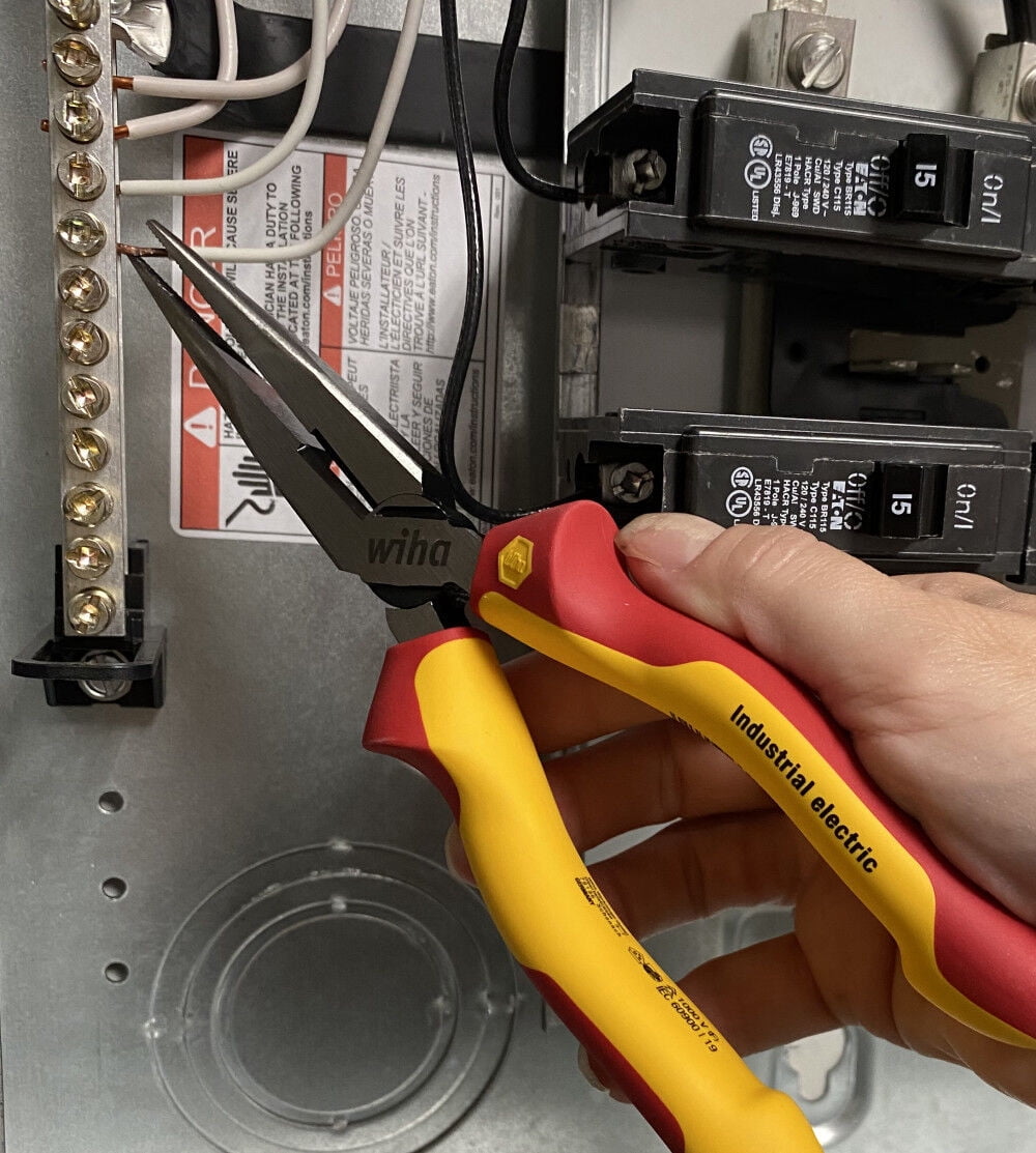 Wiha Tools Insul. Industrial Long Nose Pliers w/ Cutter 8" OAL. Industrial brushed finish. Two component ergo cushion grips.