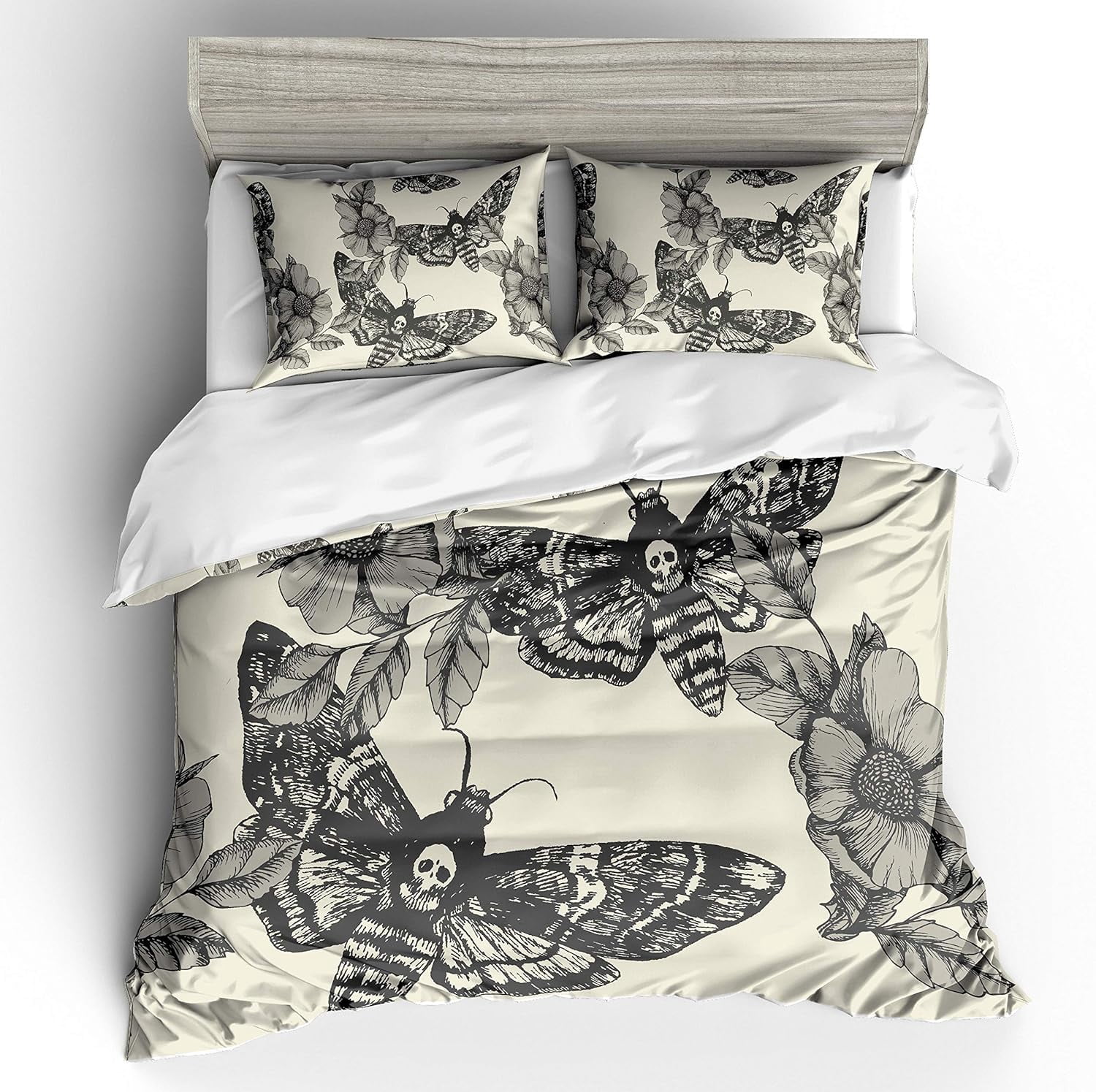 Death Skull and Flower Cream Duvet Cover Queen Size for Kids Teens Adults Home Room Decor,  Boho Gothic Skull Bedding Set 3pcs, Halloween Themed Comforter Cover Horror Room Quilt Cover, 2 Pillowcases