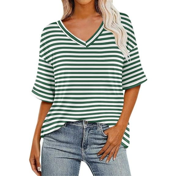 Fmbrln Womens Summer Stripe Print Short Sleeve Tops Casual V Neck Loose Comfy T-Shirts Blouse Green XL
