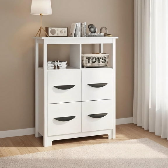 GVN 24 Inch Floor Cabinet with 2 Drawers and 2 Open Compartments, Sideboard Storage for Living Room Bedroom Entryway, White