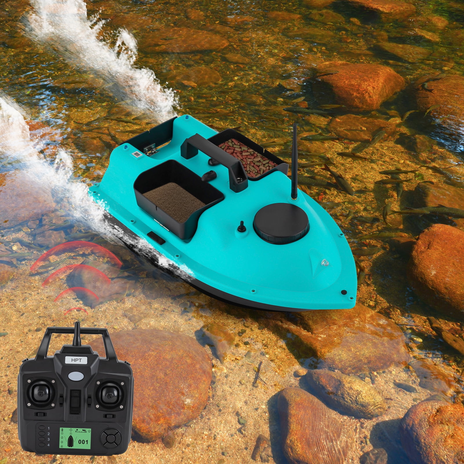 Wildnix Durable Fishing Boat with Twin 390 Motors, 52W Power, 10, 000rpm Speed, 99 Trolling Spots, 4.4 lbs Bait Capacity, Remote Control, Night Lights