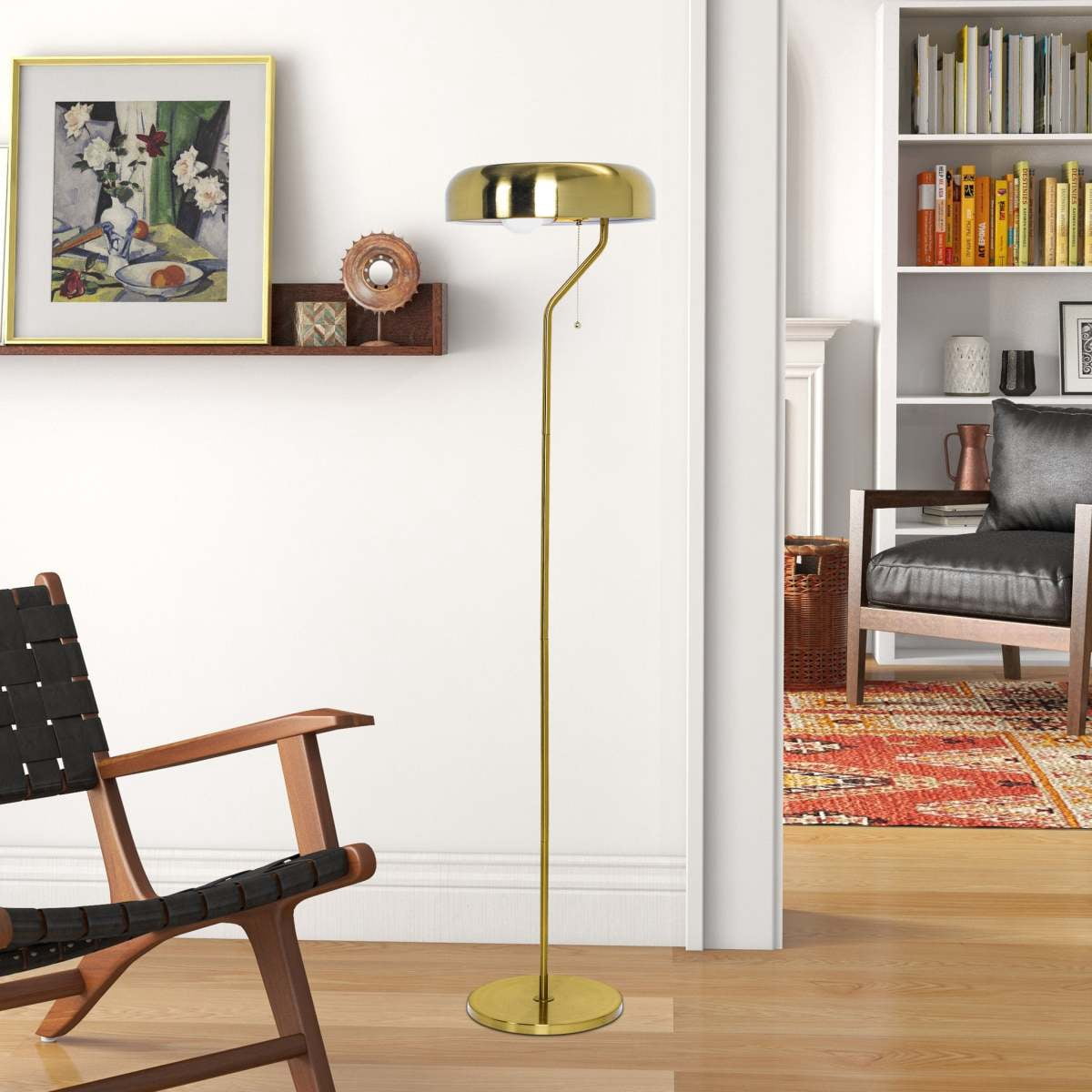 Tall Corner Floor Lamp – Gold Outer & White Inner Shade Pull Chain Switch for Living Room Bedroom & Office (110~120V)