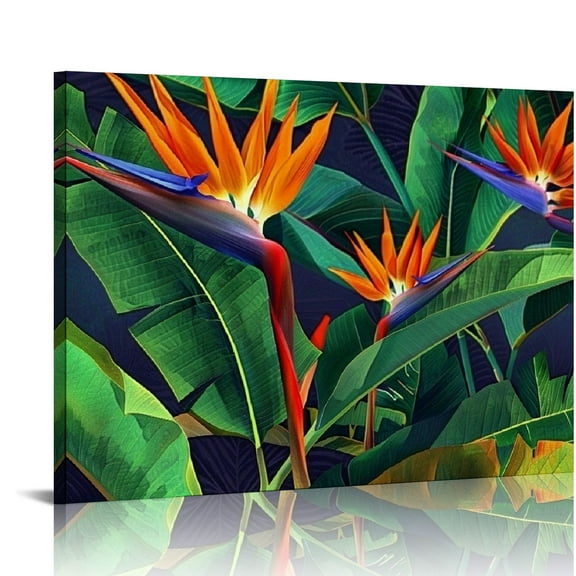 Pratyus Bird of Paradise Leaves and Flowers Canvas Print on Art Modern Prints for Home Decor - Ready To Hang Room Art 20x16in