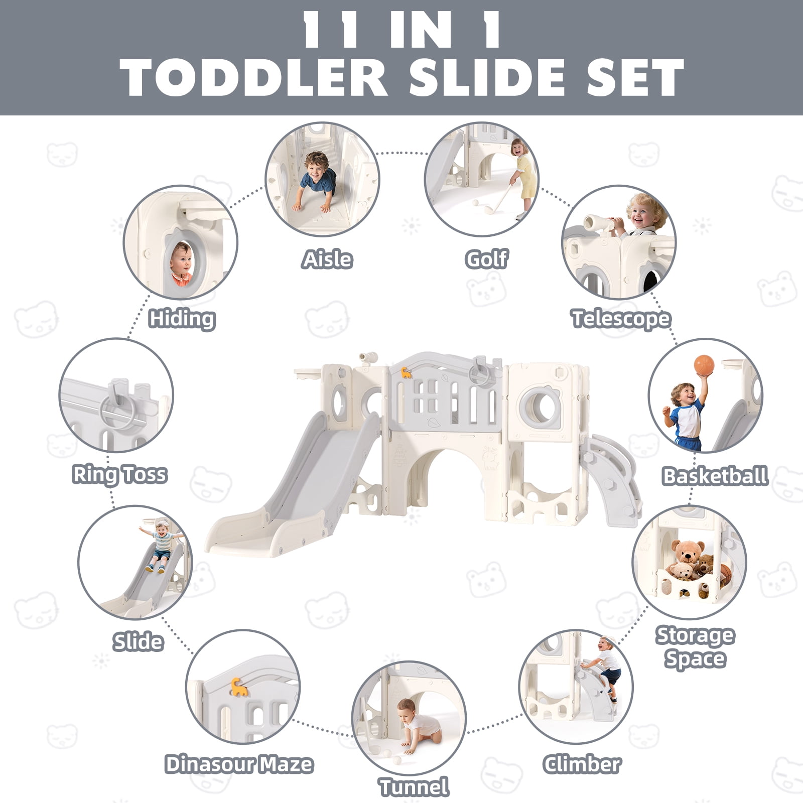 XJD 11 in 1 Toddler Slide PlaySet for kids indoor/outdoor for Toddlers Age 1-3, Gray