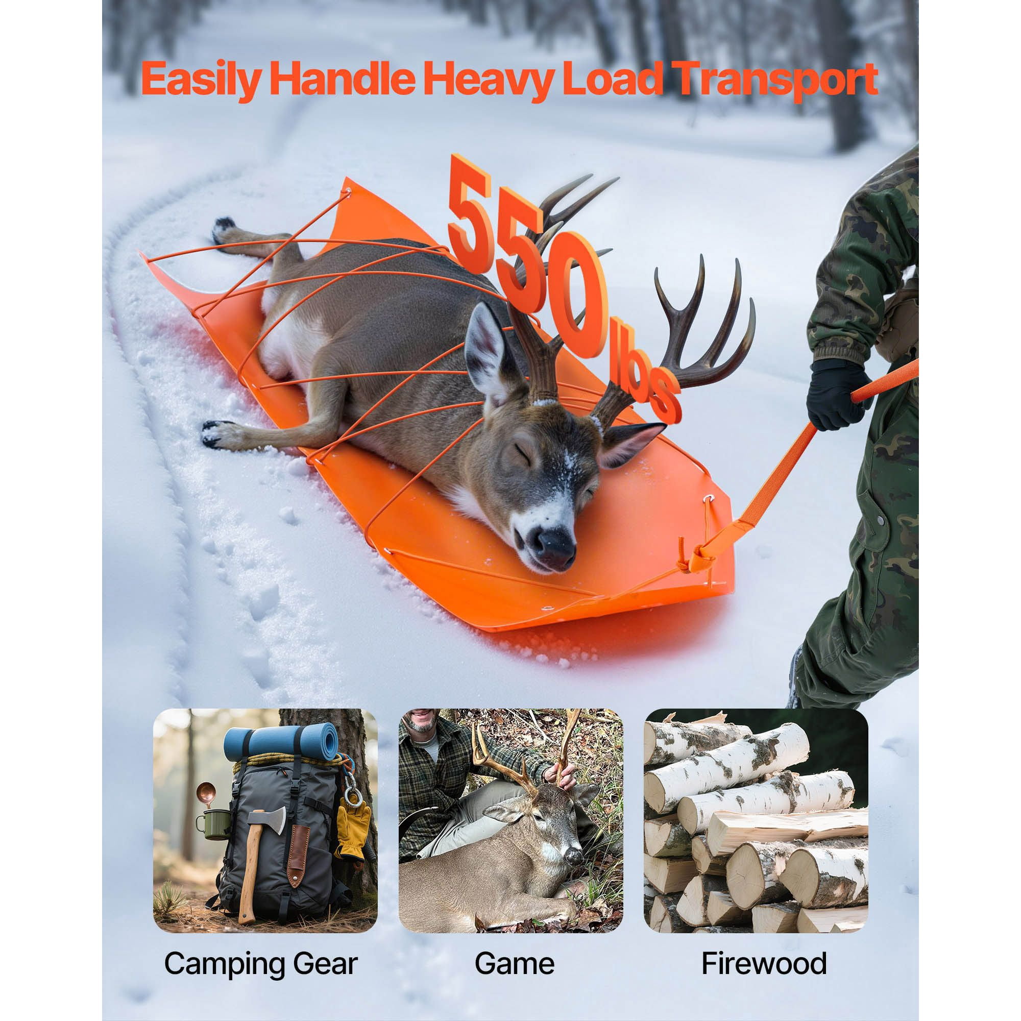 Yard Drag Sled 550 lbs Capacity Heavy-Duty PE 0.05 Inch Thickness 141 Inch Ropes Smooth Surface for Hunting Firewood Camping Gear Hauling