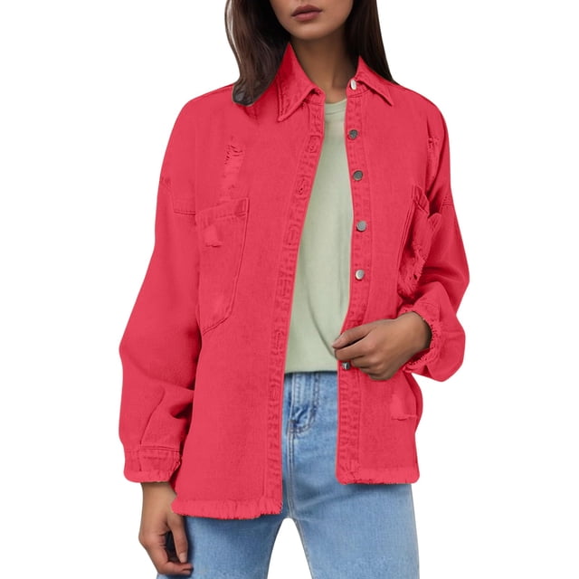 Baberdicy Distressed Denim Jackets for Women - Fall/Winter Vintage Loose Fit (Oversized, Ragged Hole Design) Red L