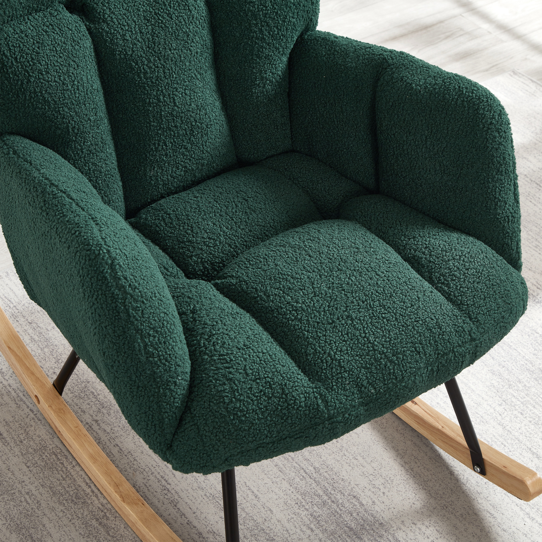 Nursery Rocking Chair, Teddy Upholstered Glider Rocker, Rocking Accent Chair with High Backrest, Comfy Armchair for Living Room Bedroom Offices, Green