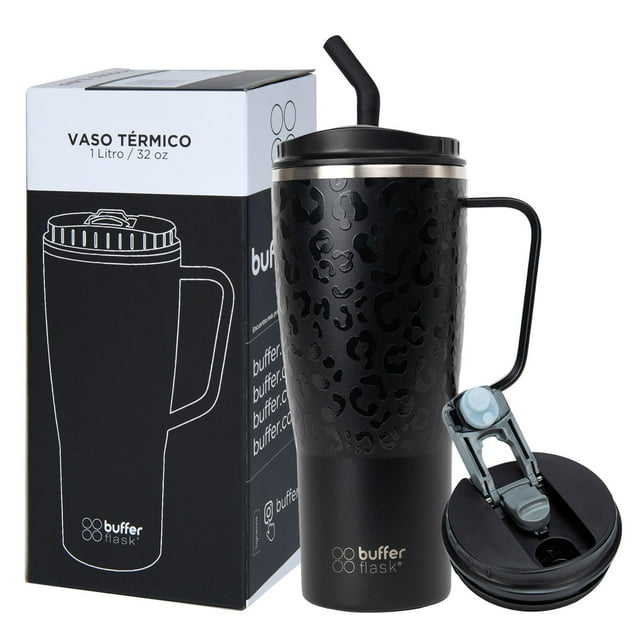 Vaso Térmico Buffer Flask Leopardo Negro Acero Inoxidable Anti Derrame 1000 ml