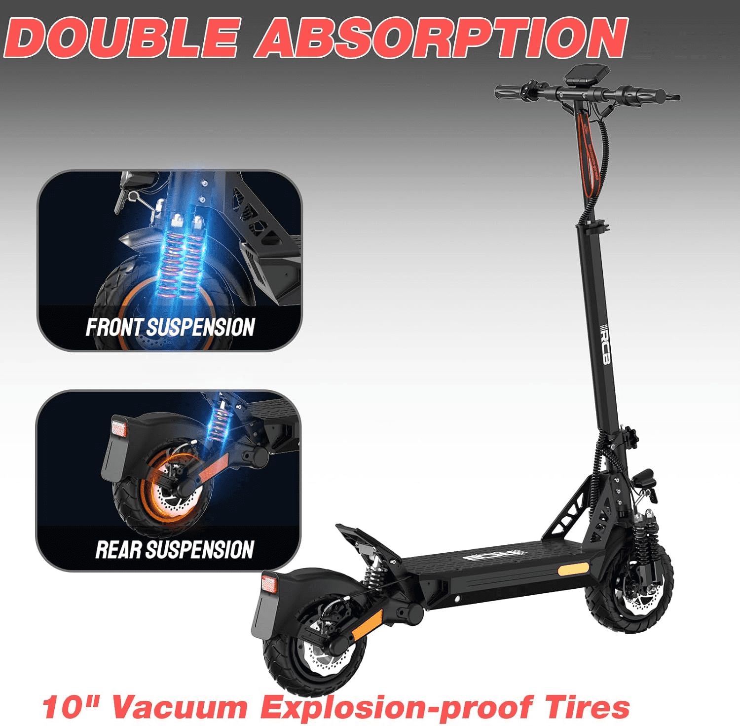 RCB D5PRO Electric Scooter Adult,1600W Peak Motor, 48V27Ah Battery, Up to 80 Miles Range, 10"Anti-Flat Off-Road Tires, Dual Brakes&Dual Suspension, Foldable Commuter Scooter with App & NFC