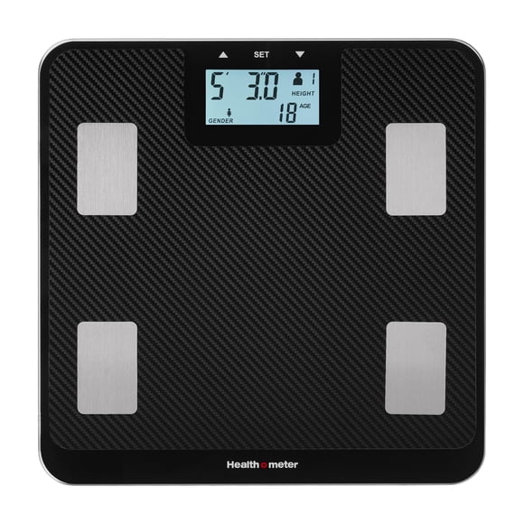 Báscula digital de composición corporal Health o meter: mide el IMC, la grasa corporal y el agua, multiusuario, capacidad de 226 kg, plataforma de fibra de carbono, pantalla retroiluminada, tecnología