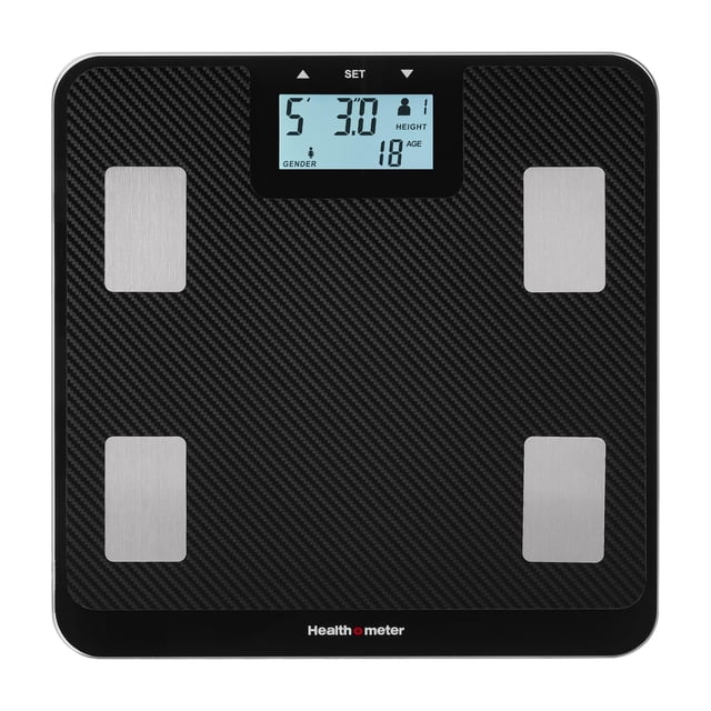 Báscula digital de composición corporal Health o meter: mide el IMC, la grasa corporal y el agua, multiusuario, capacidad de 226 kg, plataforma de fibra de carbono, pantalla retroiluminada, tecnología