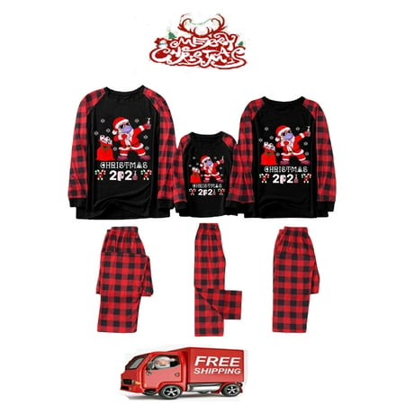 

New Christmas Pajamas for Family Long Sleeve Round Neck Santa Print Tops + Trousers