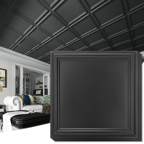 Art3d Lot de 24 Carreaux de Plafond Antichute pour la Maison, le Bureau et les Espaces Commerciaux, Panneaux Muraux 3D en PVC Imperméables 24 x 24 Po Couvrant 96 Pi2, Noir