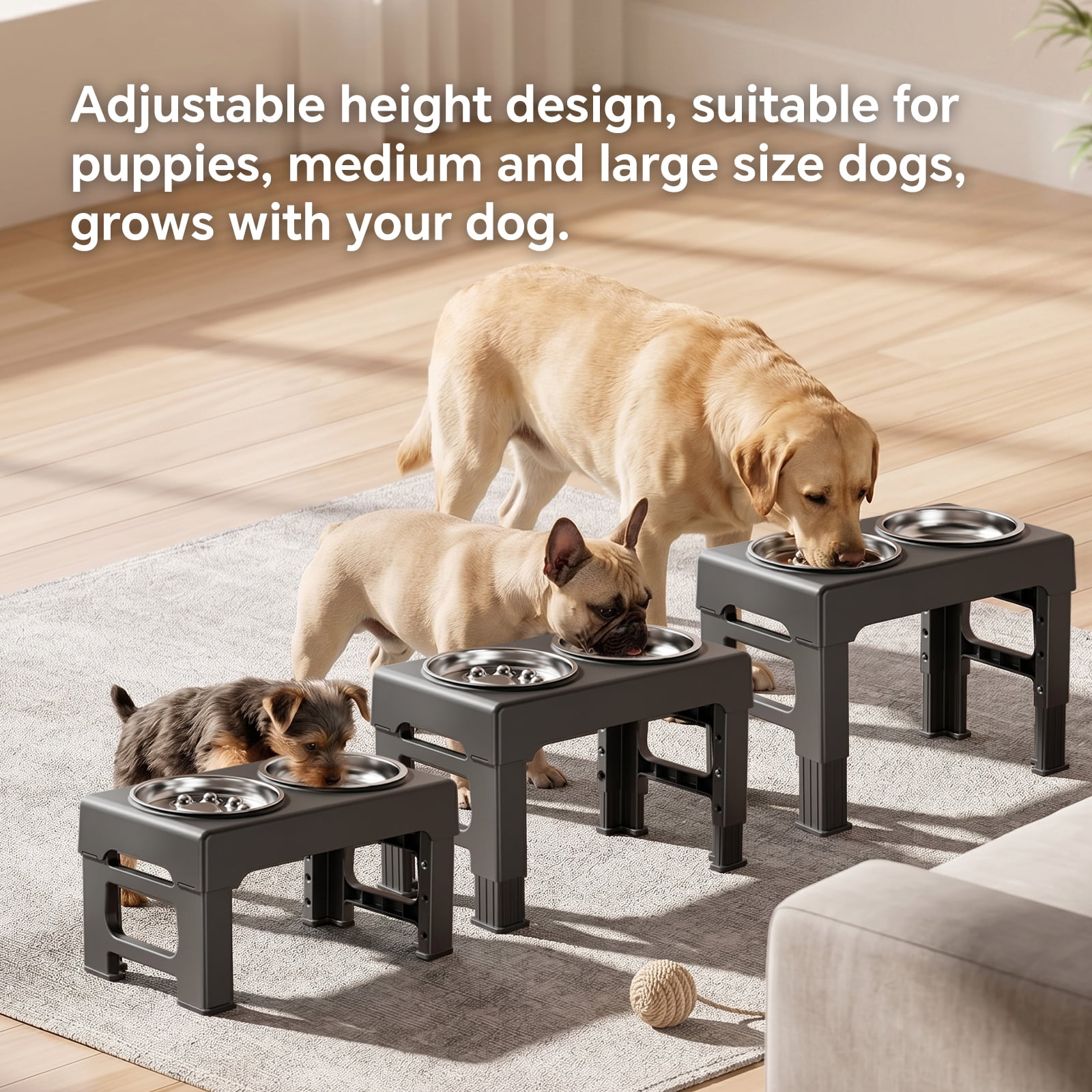 Elevated Dog Bowls Stand with Slow Feeder and 2 Stainless Steel Dishes, Height Adjustable Non-Slip Base Raised Pet Feeder for Most Sizes, Black