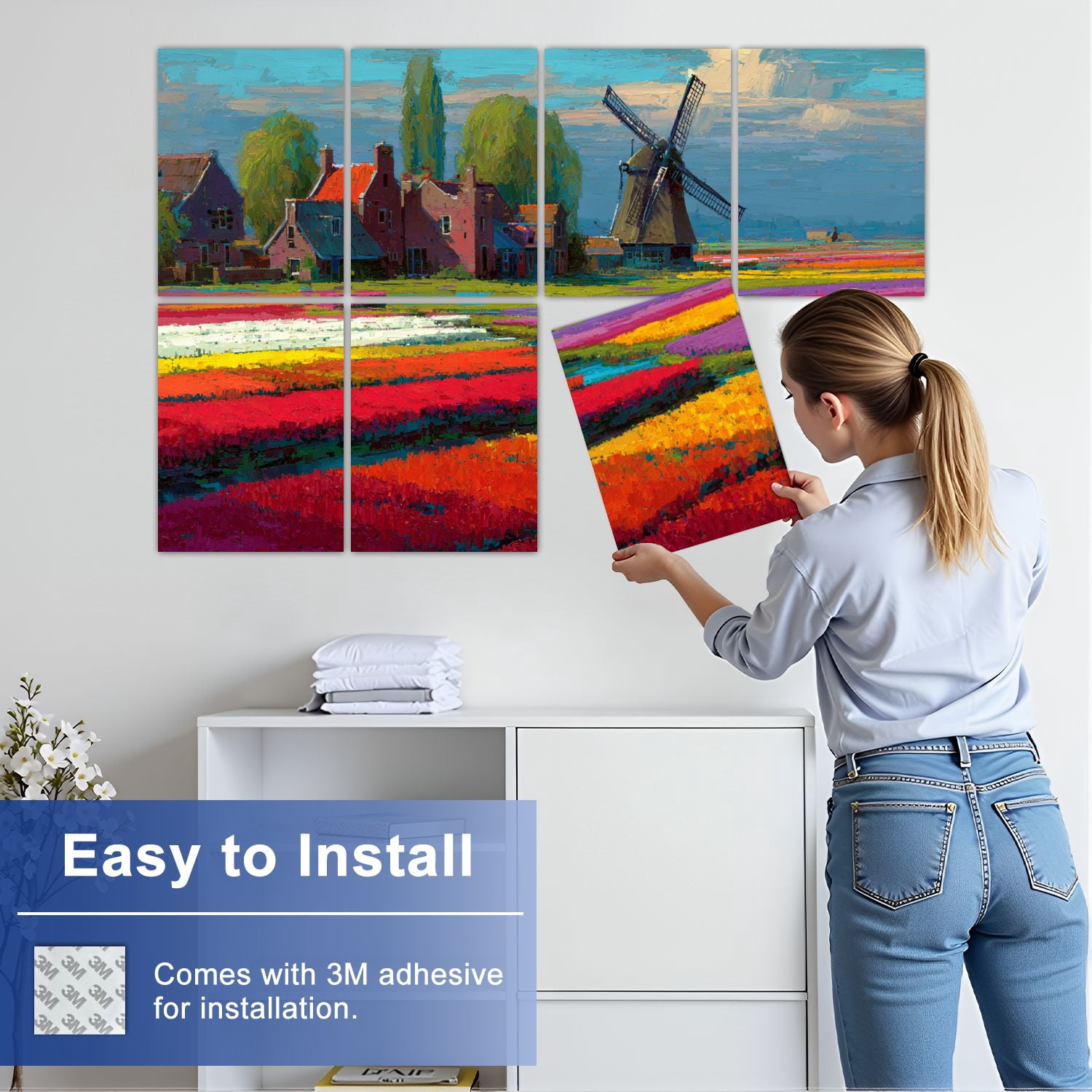 Windmill 8 Pack Art Acoustic Panels Sound Absorbing Moody Dutch Landscape Windmill Tulips Scenic Canal Decorative Soundproof Wall Panels Self Adhesive for Nursery Game Room Bedroom 48"x32"
