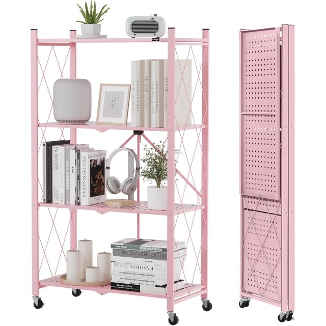 Storage Shelves with Wheels Bookshelf with Storage No Assembly Metal Rack Shelf for Kitchen Office Laundry Garage Tier )