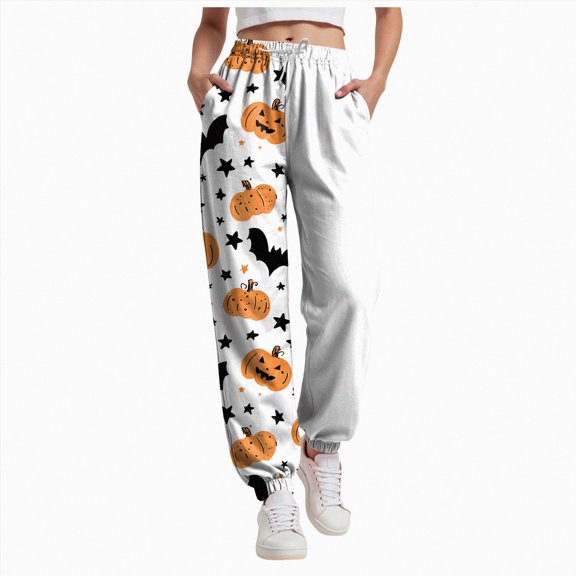 TOWED22 Halloween Baggy Sweatpants for Women Trendy Print Joggers Casual Loose Fall Drawstring Sweat Pants Fashion Clothes(Light Gray,XXXL)