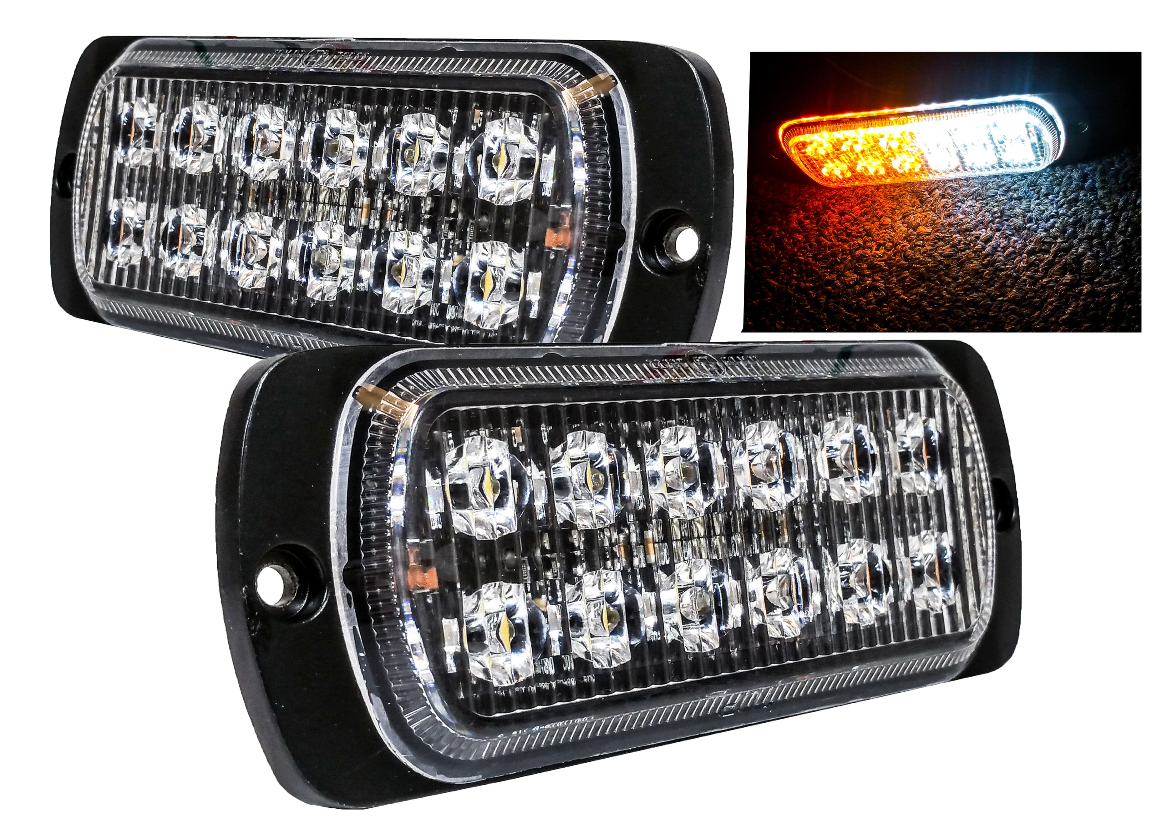 1 Pair 4.5" White Amber Dual Row 12LED Surface Mount Warning Strobe