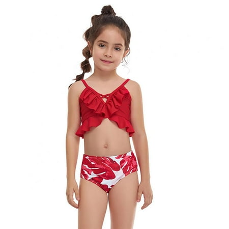 

Bullpiano 2-12T Toddler Girls Swimsuits Two-Pieces Bathing Suits Ruffled Crop Top And Floral Bottoms Quick Dry Swimwear Kids Sunsuit Bikini Suit for Water Park (Red)