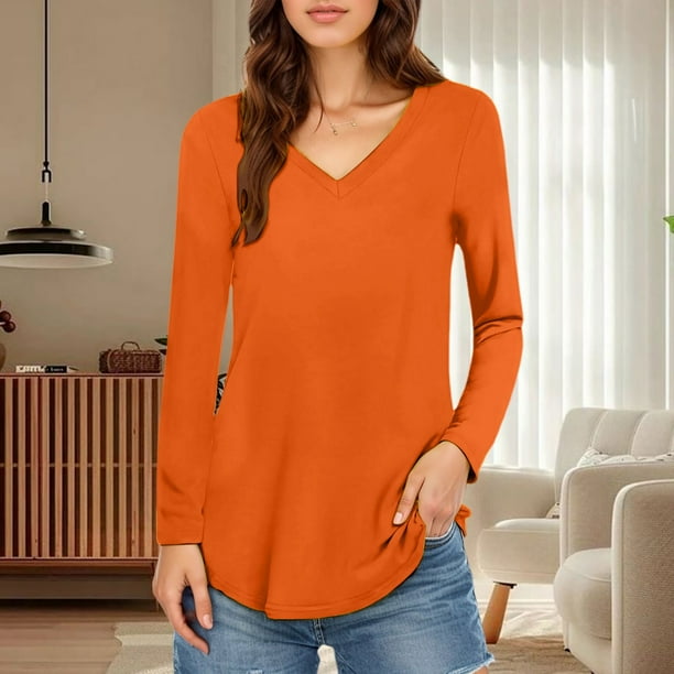 MHFRRA Camiseta de Manga Larga con Cuello En V y Color Liso para Mujer Naranja