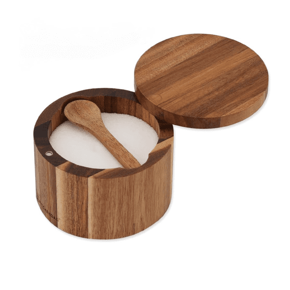 Acacia Wood Salt Cellar Bowl Box with Built-in Spoon to avoid Dust, Elegant Kitchen Salt Container Holder with Swivel Magnetic Lid to Storage Pepper Spice Bath Salt Sea Salt, 6OZ