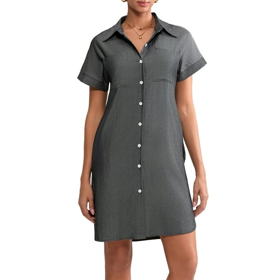 Michellecmm Women Denim Shirt Dress Button-down Pocket Curved Hemline Dresses
