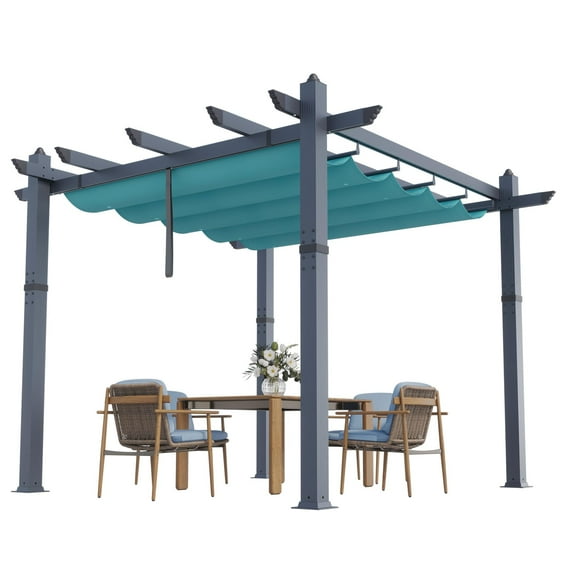 Lumiparty 10x10 FT Outdoor Pergola with Retractable Canopy, Modern Patio Aluminum Frame Shelter for Backyard, Deck, Garden, Blue