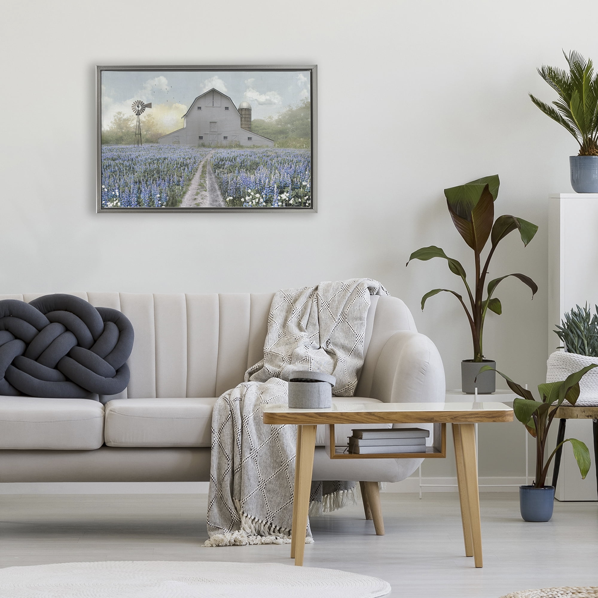 Stupell Industries Meadow of Blue Flowers & Barn Gray Framed Floater Canvas Wall Art, design by Nan