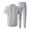 thumbnail image 3 of Mens Summer Waffle Knit Business 2 Piece Set Casual Outfits Button Down Short Sleeve Shirt & Loose Drawstring Pants Textured Striped Tracksuit Walking Suits Big and Tall Size S-3XL Gray, 3 of 5