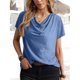 thumbnail image 2 of Camiseta de manga corta con cuello vuelto para mujer, Color puro, informal, elegante, jersey de verano, camiseta azul XL, 2 of 7