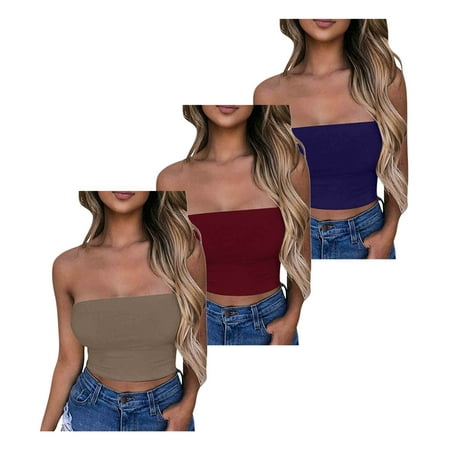 Lovskoo Womens 3 Pack Tube Tops Crop Tops Going Out Strapless Basic Backless Bandeau Bra Summer Outfits 2024 Y2K Clothes Khaki + Burgundy + Purple