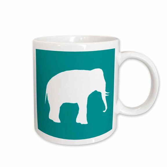 3drose, White Elephant Silhouette. Teal Turquoise Aqua Blue Wildlife Animal, 15oz Mug