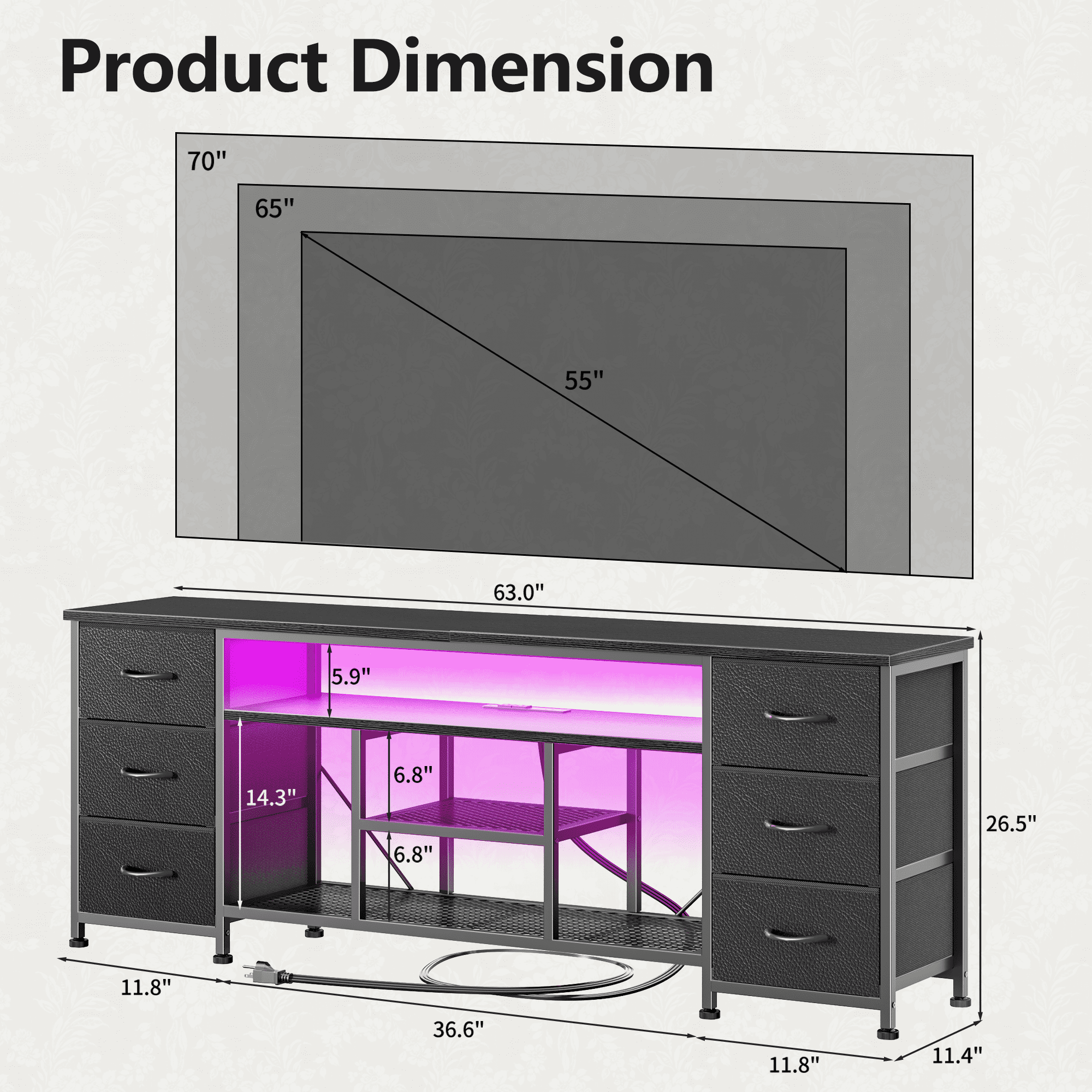 Tydimor Modern TV Stand for 65-70 inch TVs, LED Entertainment Center with Power Outlets and 6 Drawers, Media Console with Storage for Living Room, Black