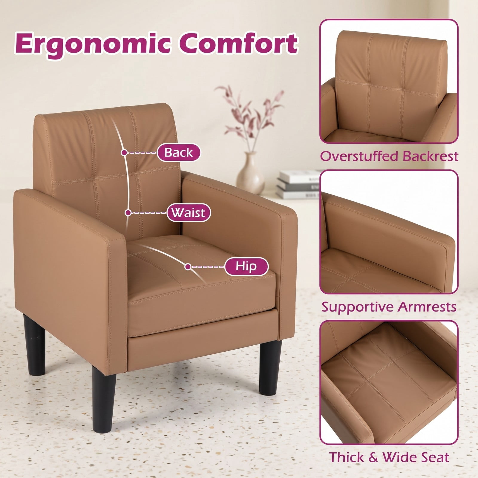 Furnibear PU Leather Modern Accent Chair with Removable Padded Seat Cushion, Ergonomic Upholstered Armchair with Wide Backrest and Plywood Frame for Living Room, Brown