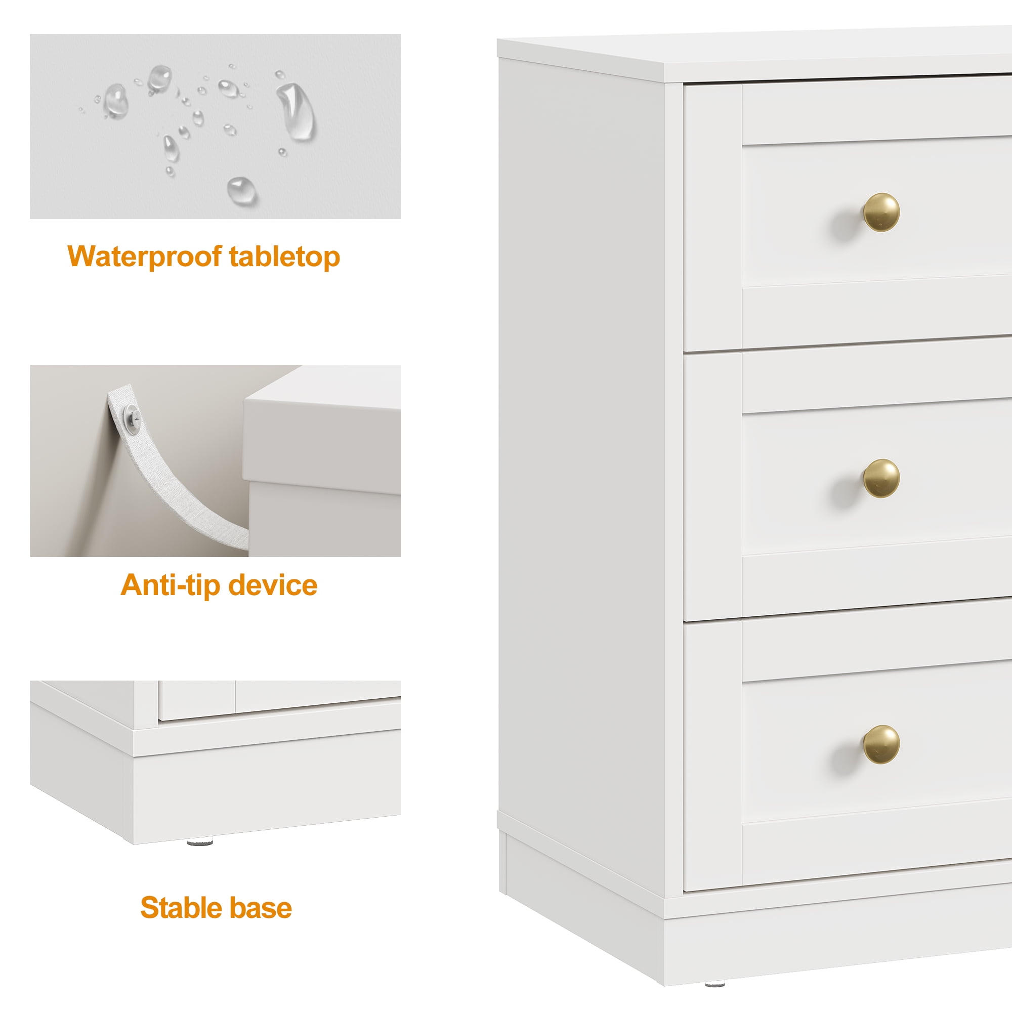 May in Color Set of 2 Nightstands, Modern 3-Drawer Bedside Tables with Gold Knobs, Wooden End Tables for Bedroom, Living Room, Hallway, or Closet