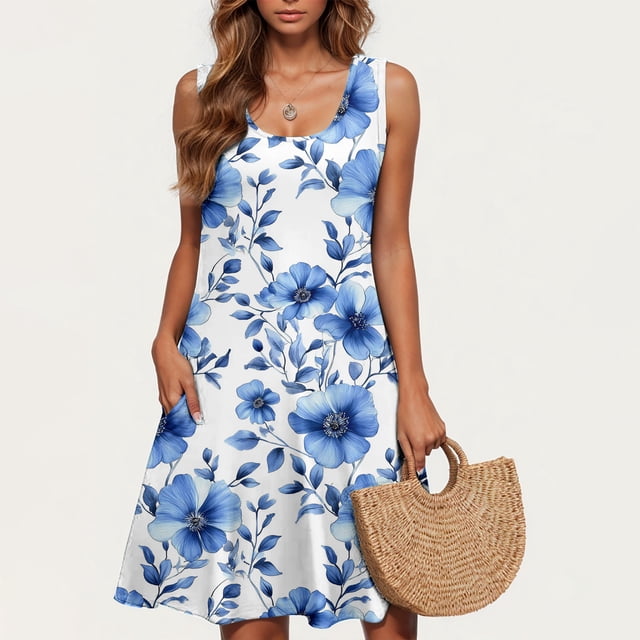 Ovzne Robes Grande Taille pour Femmes Rondes Robe de Plage Décontractée Sans Manches Col Rond Robe Courte Florale Robe de Vacances en Solde