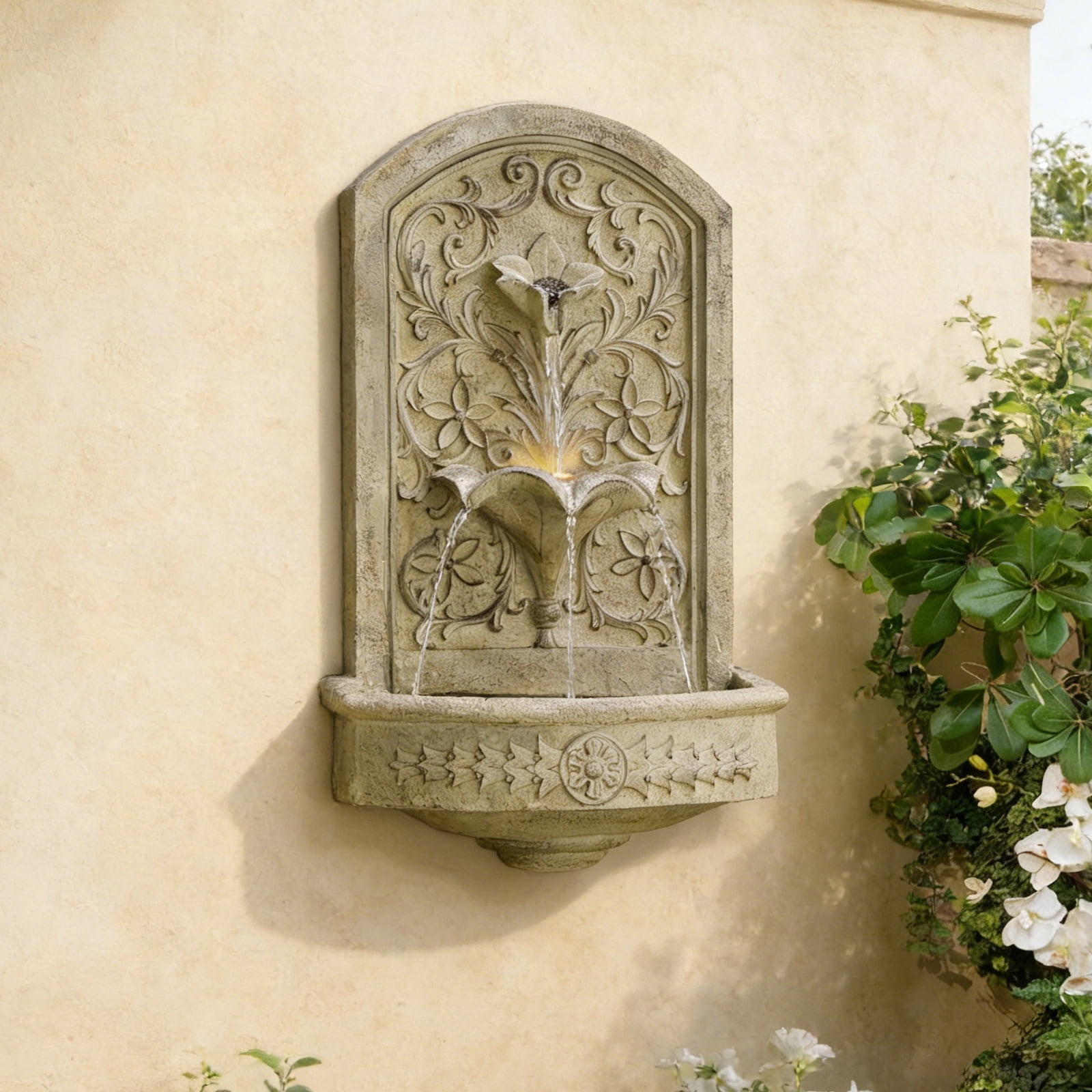 Vintage Wall-Mounted Outdoor Fountain, 28.3" H Resin Garden Water Feature with Floral Carving, Decorative Antique Wall Waterfall for Patio, Yard, Porch & Home Décor