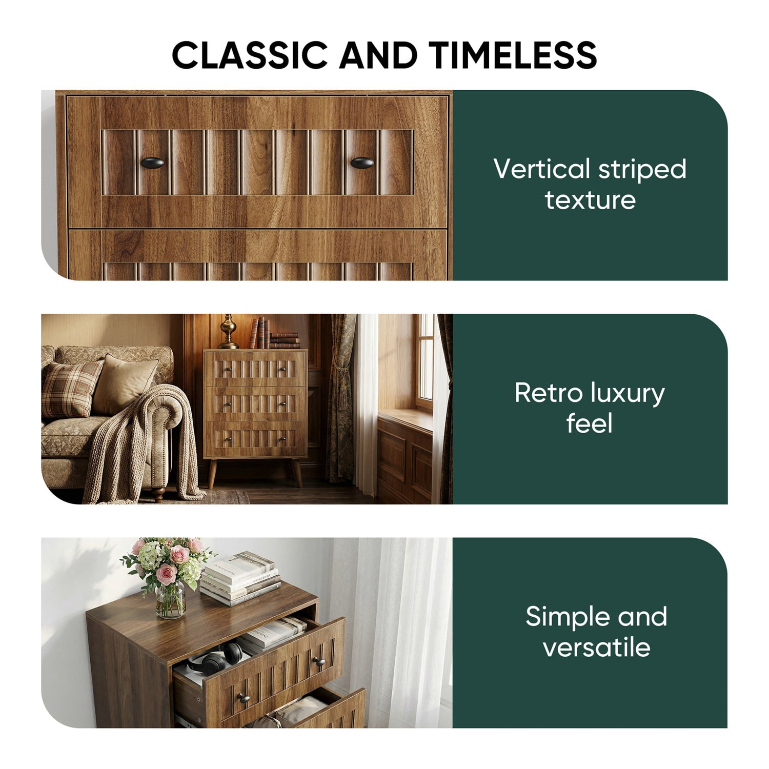 Hommoo Modern 3-Drawer Dresser, Wooden Dresser Storage Cabinet Chest of Drawers, for Living Room, Bedroom, Walnut