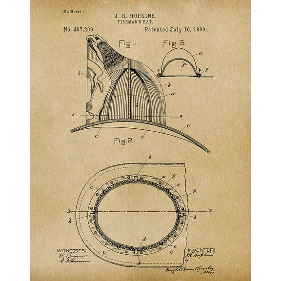 Original Fireman's Hat Artwork Submitted In 1889 - Fire and Rescue - Patent Art Print