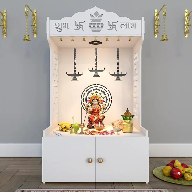 Homscape Templ/Mandir en Bois pour la Maison avec Étagère Spacieuse et Lumière Intégrée Blanche