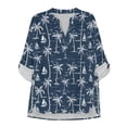 thumbnail image 3 of FKELYI Tropical Palm Tree Blue Print Faux Linen Shirts for Women Summer Blouse Casual Side Slit Hem Top 3/4 Skeeve V-Neck Vacation Outfits for Ladies, 2XL, 3 of 5