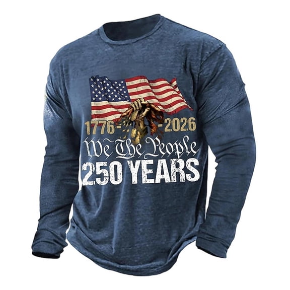 BUWTTED T Shirts for Man Casual 1776-2026 Flag Print Long Sleeve Comfortable Funny Graphic Crew Neck Mens Shirts L