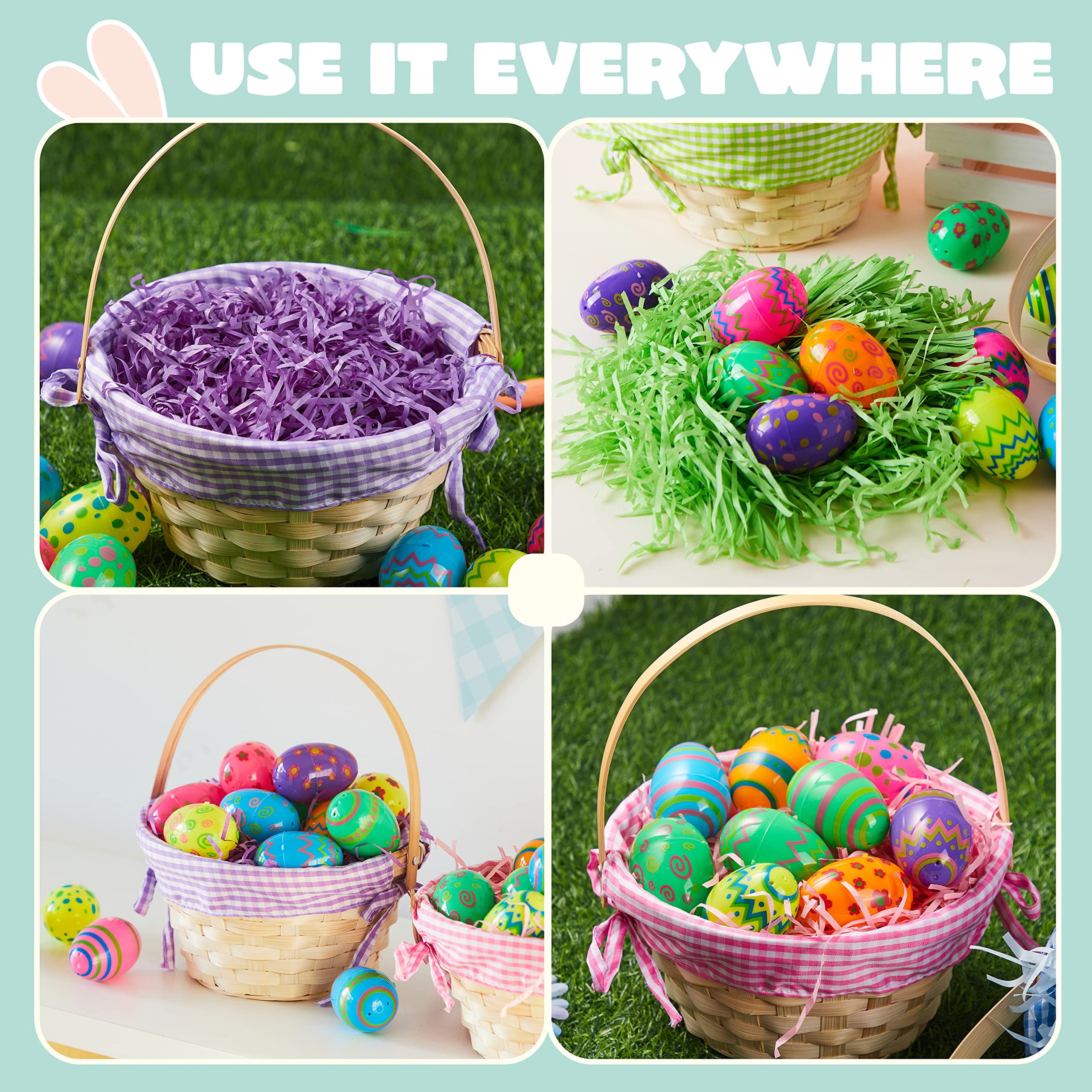 Joyfy 4 Pcs Easter Baskets with 4 Colors Grass Paper Shreds, Easter Woven Basket with Handles for Kids, (9" X 8") Easter Baskets for Easter Egg Hunt, Filling with Party Favors