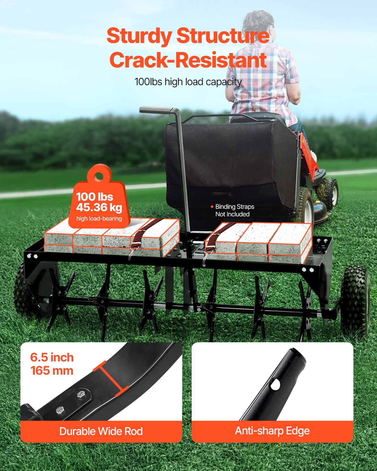 VEVOR Tow Behind Plug Aerator, 40-Inch Tow Behind Lawn Plug Aerator with Universal Hitch, Pull Behind Aerator with Iron Spikes Alternately Arranged, Lawn Aerator Tow Behind for Gardens, Lawns, Farms