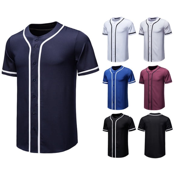 Laqbezok Men's Classic Baseball Jersey Shirt, Short Sleeve Button Down Sporty Top, Casual Hip Hop Streetwear Tee with Contrast Piping