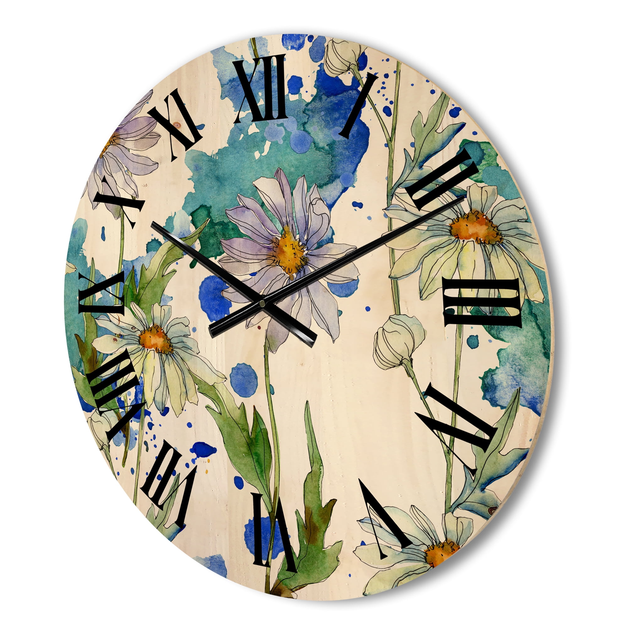 Designart 'Daisies With Green Leaves and Background' Traditional Wood Wall Clock
